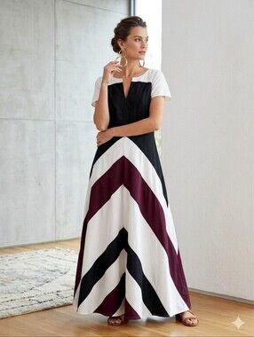 eShakti Chevron Stripe Colorblock Maxi Dress - 16 - Maroon White Black Cotton